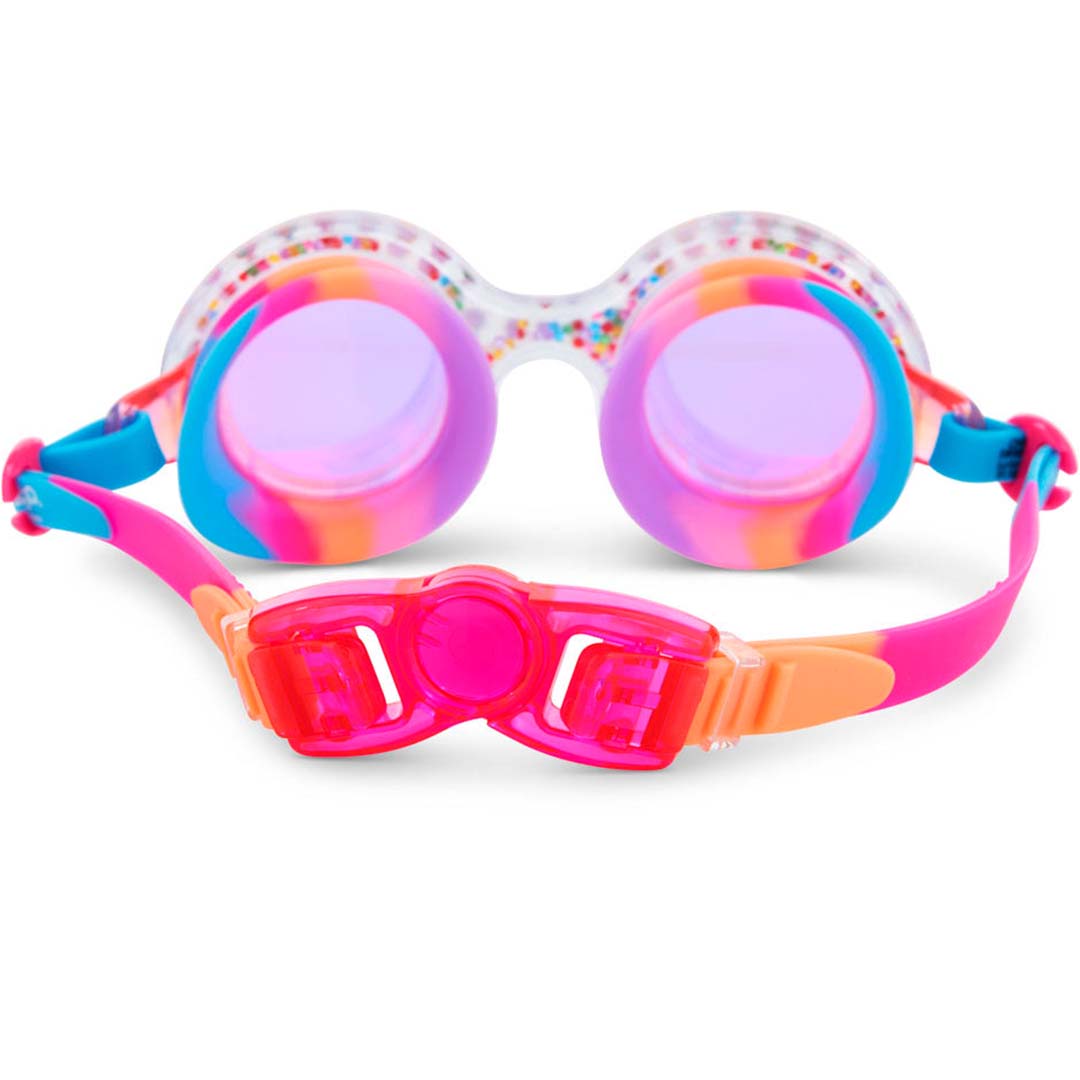 Achterkant van de bling2o zwembril Dazzle Gumball Gleam voor kinderen, met de verstelbare, kleurrijke band.