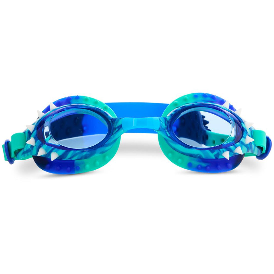 Bling2o kinderzwembril met blauw-groen dinothema en witte stekels, van voren gezien.