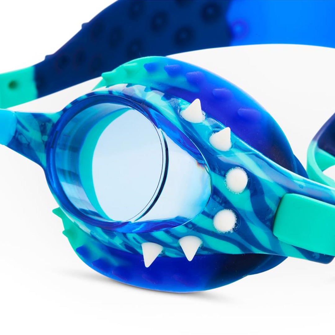 Detail van de blauw-groene Bling2o kinderzwembril met dinostekels.