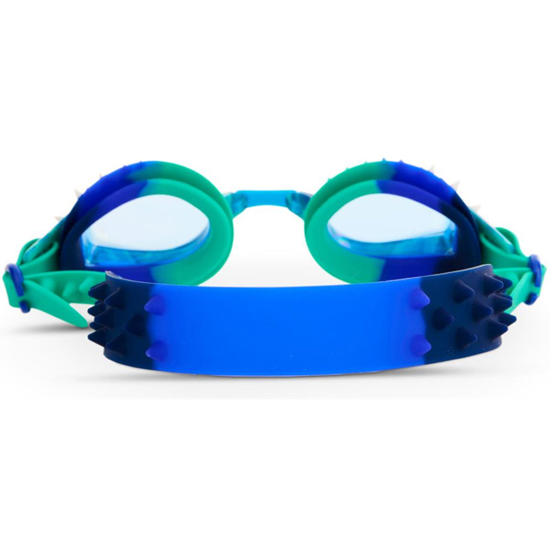 Bling2o kinderzwembril met blauw-groene band en dinostekels, van achteren gezien.