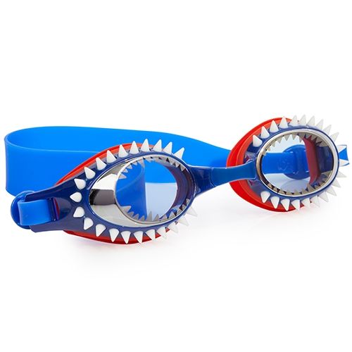Bling2o kinderzwembril met blauw montuur, rode randen en witte haaientanden.