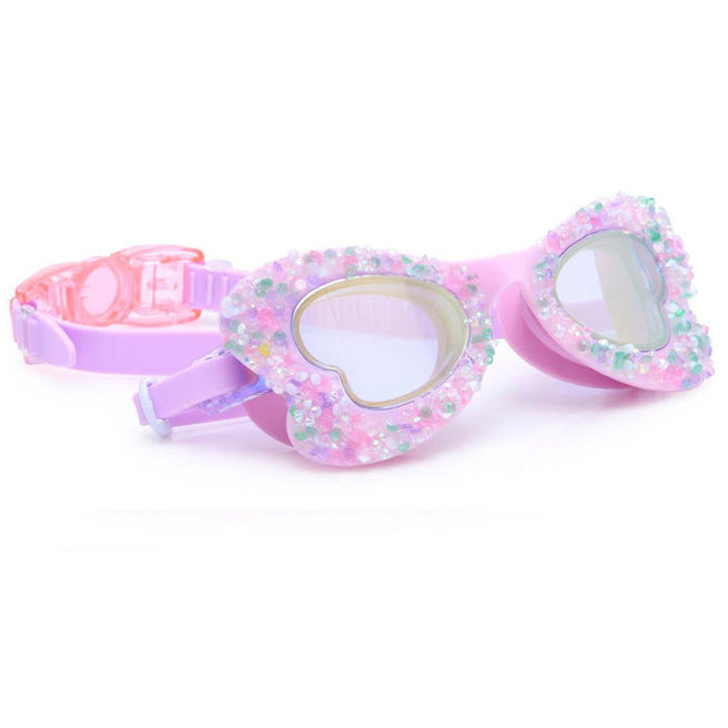 Bling2o kinderzwembril met hartvormige glazen en kleurrijke glitters, schuin van voren gefotografeerd.