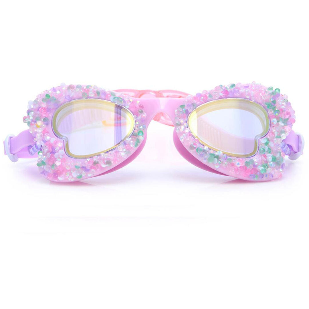 Bling2o kinderzwembril met hartvormige glazen en kleurrijke glitters, recht van voren gefotografeerd.