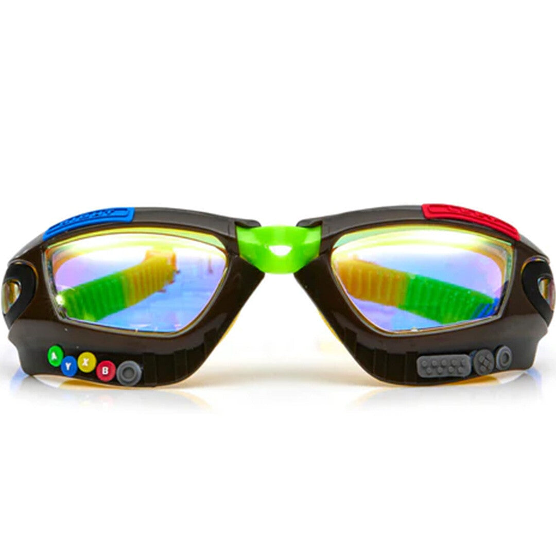 Bling2o kinderzwembril Jet Black Gamer, van voren gezien, met reflecterende glazen en gamecontroller-details.