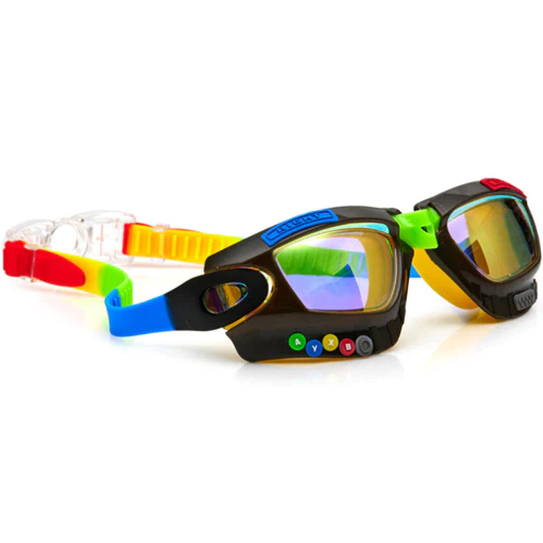 Bling2o kinderzwembril Jet Black Gamer, schuin van voren gezien, met reflecterende glazen en een kleurrijke band.