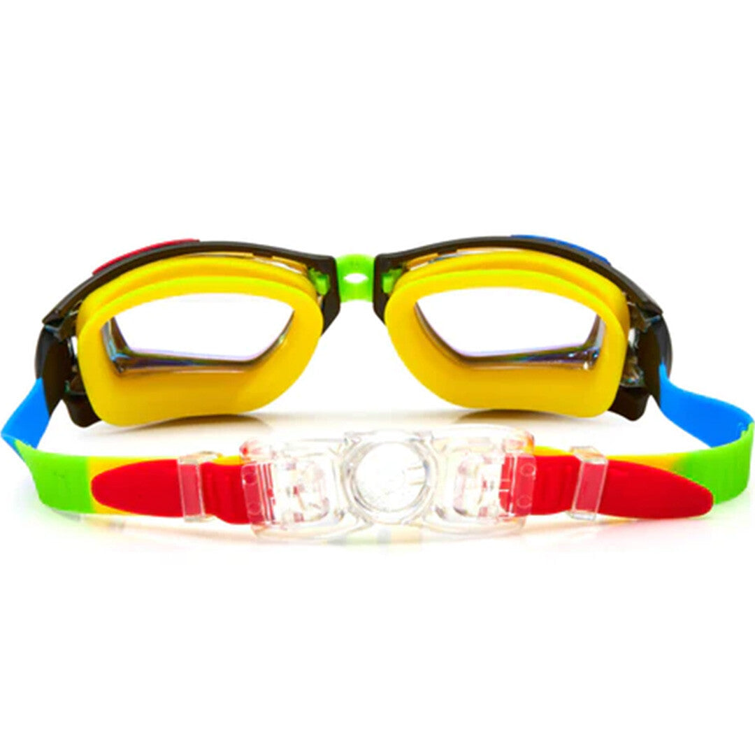 Bling2o kinderzwembril Jet Black Gamer, van achteren gezien, met de gele binnenkant en de verstelbare, kleurrijke band.