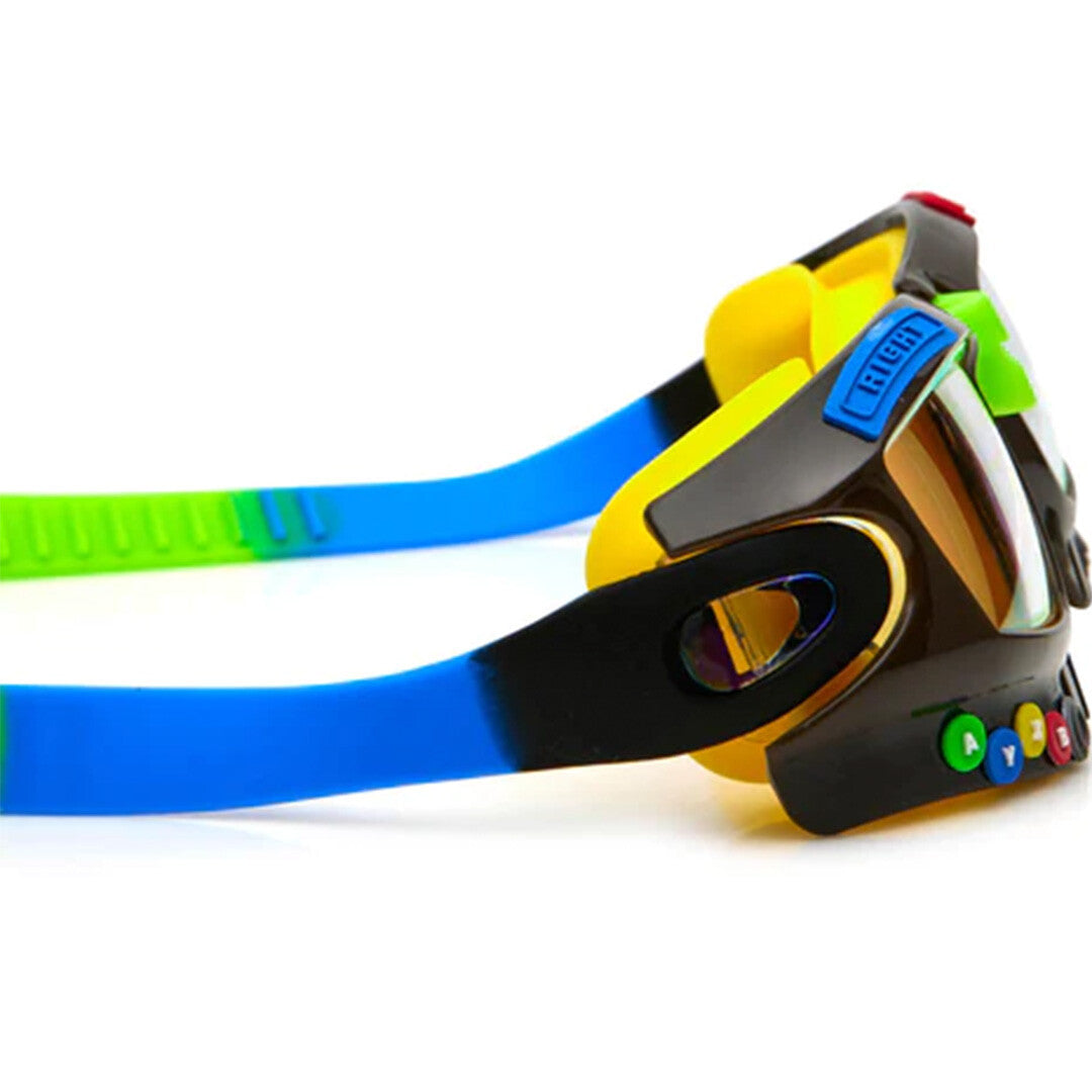 Bling2o kinderzwembril Jet Black Gamer, zijaanzicht, met de blauw-groene band en gele binnenkant.