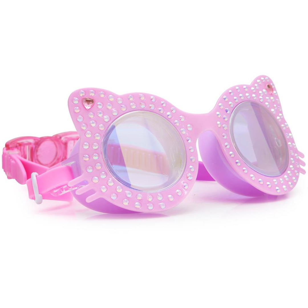 Schuine weergave van een roze bling2o zwembril voor kinderen met kattenoortjes en glimmende steentjes.