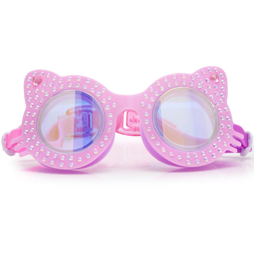 Vooraanzicht van een roze bling2o zwembril voor kinderen met kattenoortjes en glimmende steentjes.