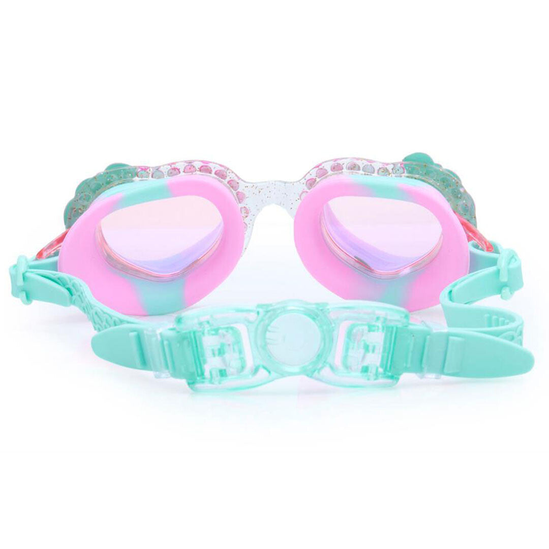 Achterkant van de bling2o kinderzwembril met roze oogkappen en turquoise verstelbare band.