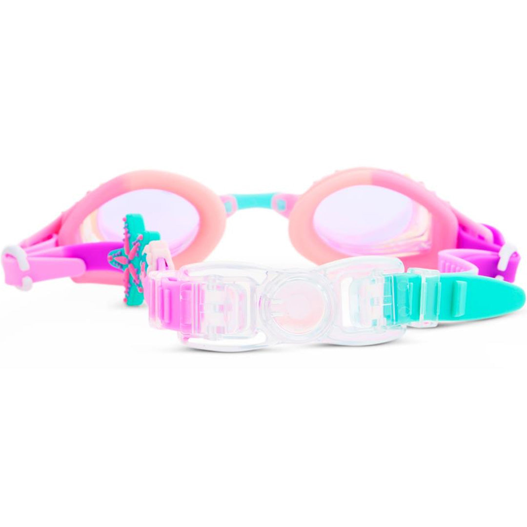 Bling2o kinderzwembril in roze en turquoise, van achteren gezien met de verstelbare band.