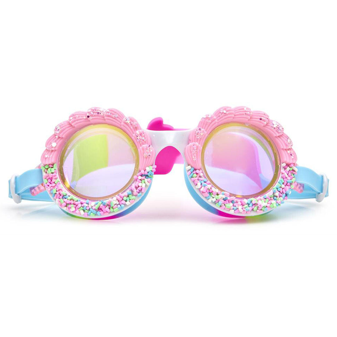 Bling2o kinderzwembril met roze montuur, gekleurde spikkels en iriserende glazen.