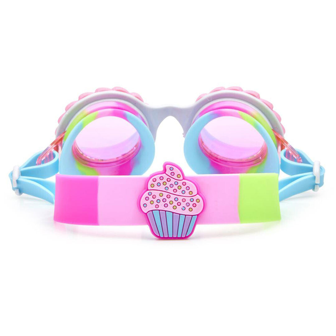 Bling2o kinderzwembril met meerkleurige band en een cupcake-decoratie aan de achterzijde.