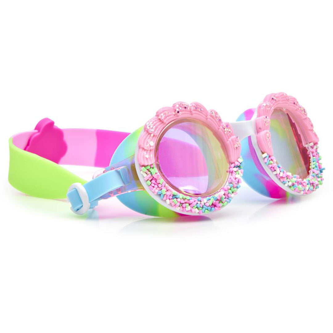 Bling2o kinderzwembril met roze montuur, gekleurde spikkels en een meerkleurige band, schuin van voren.
