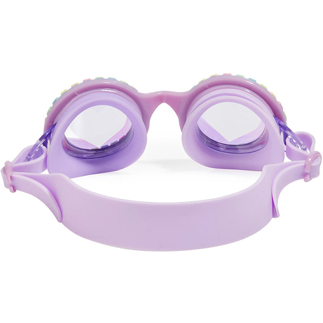 Achterkant van de lila kinderzwembril met verstelbare hoofdband.