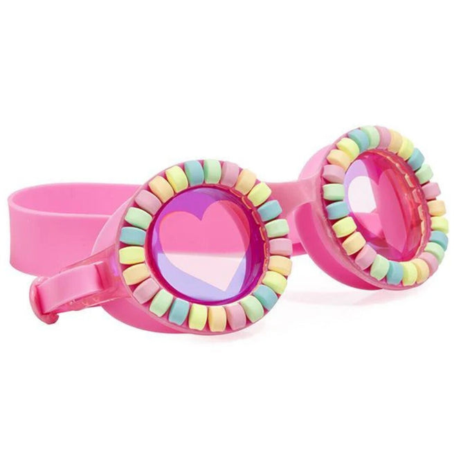 Bling2o kinder zwembril met roze montuur, kleurrijke 'juwelen' rond de glazen en hartvormige reflecties.