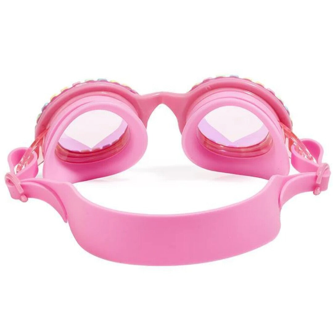 Achterkant van de roze kinder zwembril.