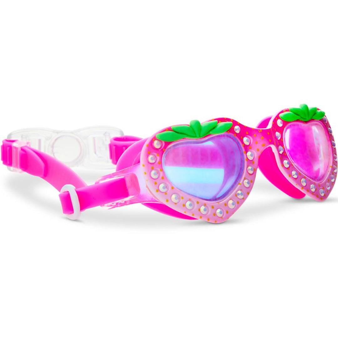 Bling2o roze kinderzwembril met hartvormige glazen in aardbeienthema, schuin van voren.