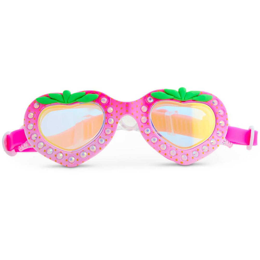 Bling2o roze kinderzwembril met hartvormige glazen in aardbeienthema, recht van voren.