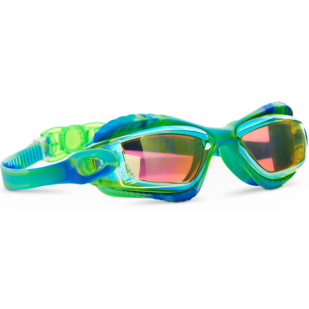 Schuine weergave van de bling2o kinderzwembril 'Green Oasis' in groen en blauw met reflecterende glazen.