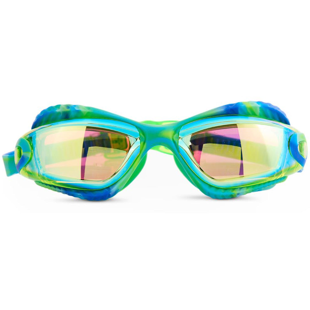 Vooraanzicht van de bling2o kinderzwembril 'Green Oasis' in groen en blauw met reflecterende glazen.