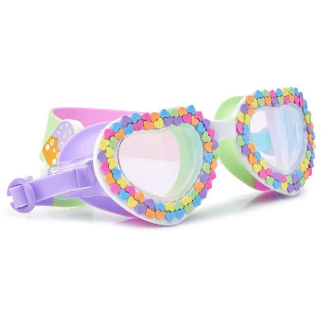 Schuine weergave van een bling2o kinder zwembril met hartvormige glazen en kleurrijke hartjesdecoratie.