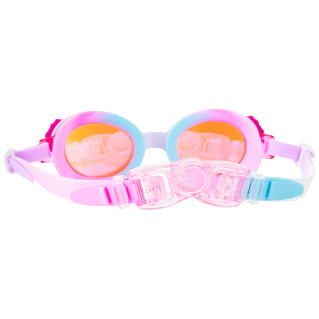 Achteraanzicht van de bling2o kinderzwembril Candy Carnival met de verstelbare roze en blauwe band.