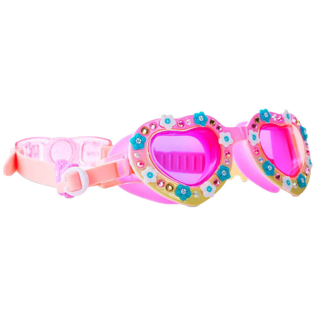 Bling2o kinderzwembril met roze hartvormige glazen versierd met bloemetjes en steentjes.