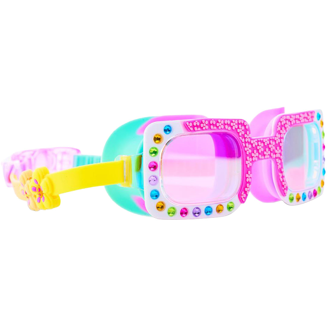 bling2o zwembril voor kinderen met roze montuur, gekleurde steentjes en bloemendetails op de band.
