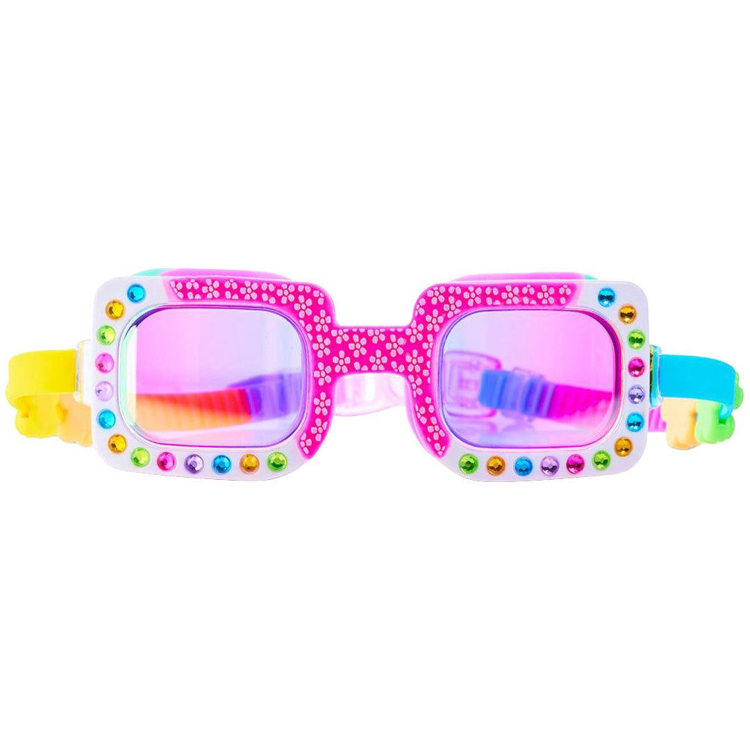 Vooraanzicht van de bling2o zwembril voor kinderen met roze montuur en gekleurde steentjes.