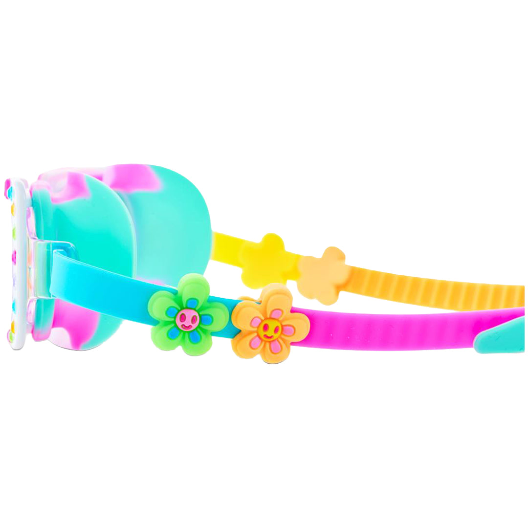 Detail van de band van de bling2o zwembril voor kinderen met kleurrijke bloemvormige versieringen.