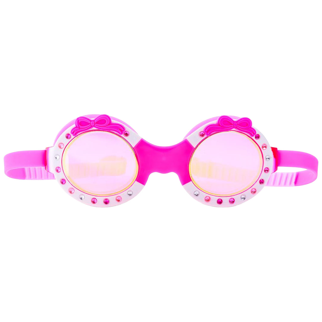 Vooraanzicht van de bling2o roze kinderzwembril met strikjes en glimmende steentjes.