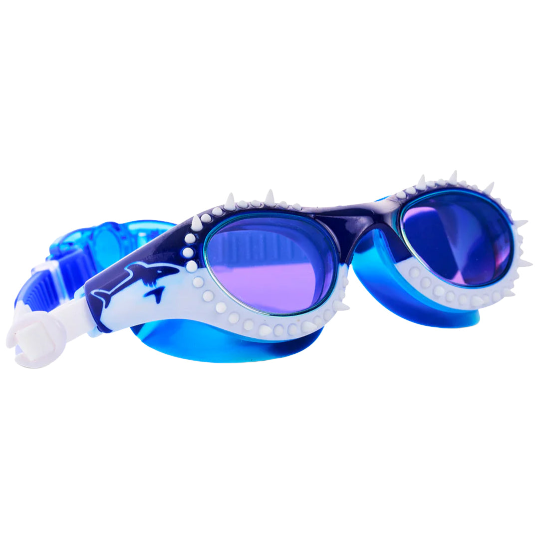 Bling2o kinderzwembril met haaienthema, blauw en wit met spikes rond de glazen.
