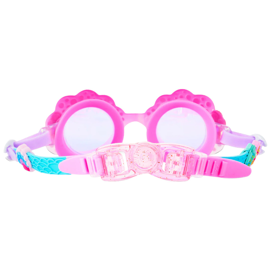 Vooraanzicht van de roze bling2o kinderzwembril met schelpvormige glazen en een verstelbare band.
