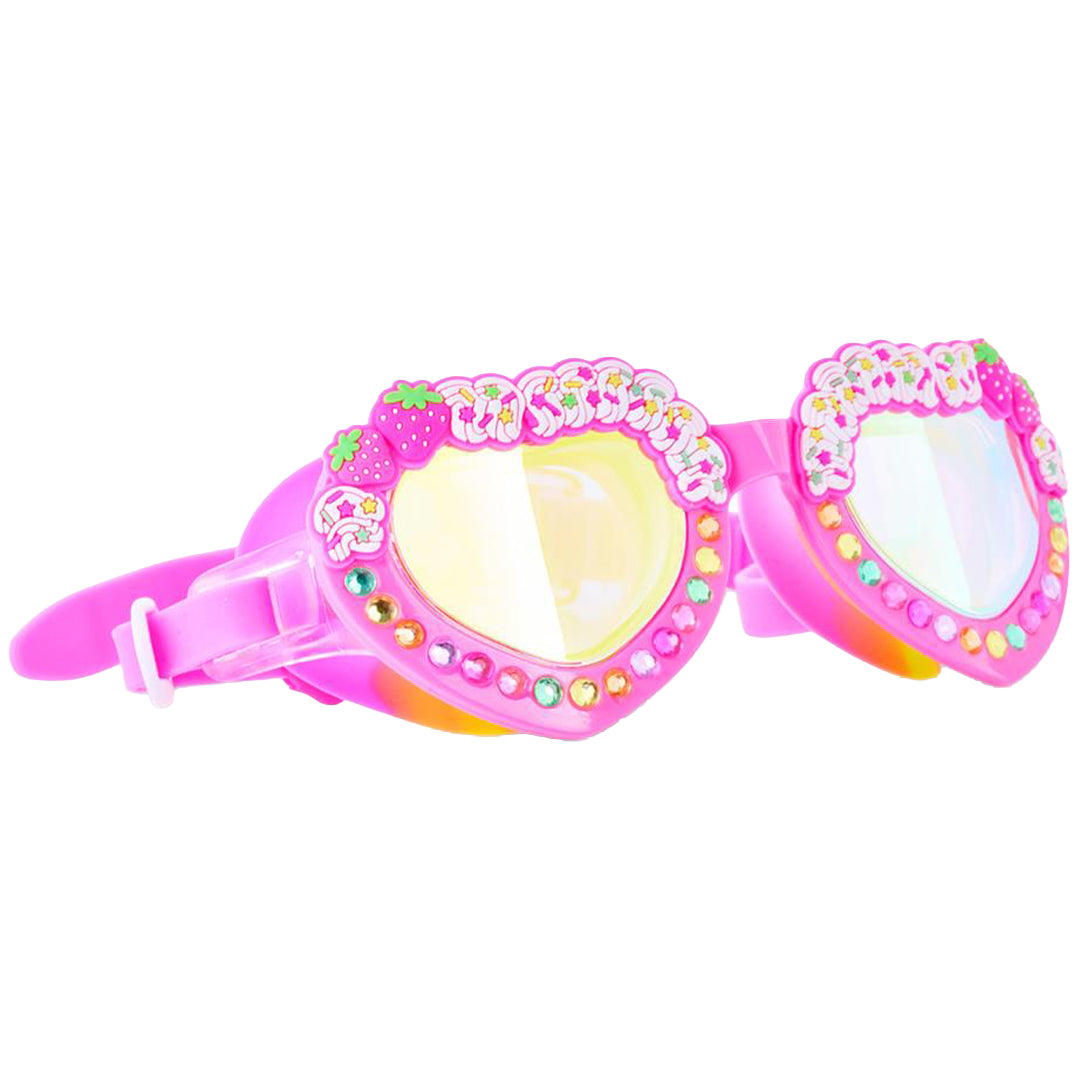 Bling2o zwembril voor kinderen met roze hartvormige glazen, versierd met aardbeien en gekleurde steentjes.