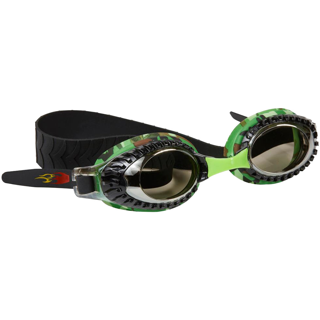 Bling2o kinderzwembril met groen camouflagepatroon en zilverkleurige glazen, schuin van voren gezien.