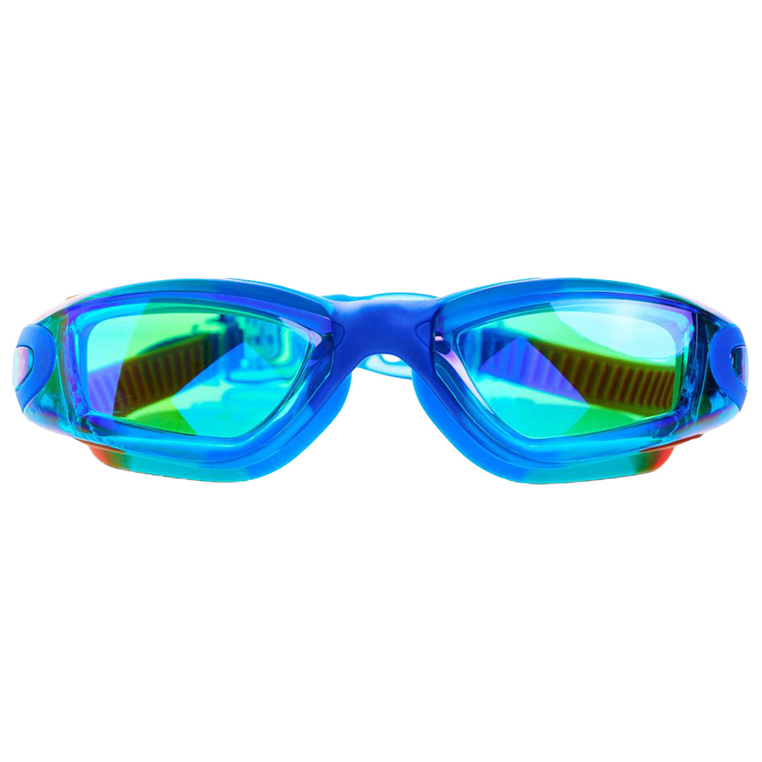 Bling2o kinderzwembril in blauw en oranje met spiegelglazen, van voren gezien.