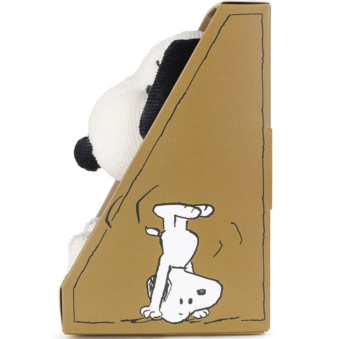 Zijkant van de Bon Ton Toys Snoopy pluchen knuffelhond verpakking met een tekening van Snoopy.