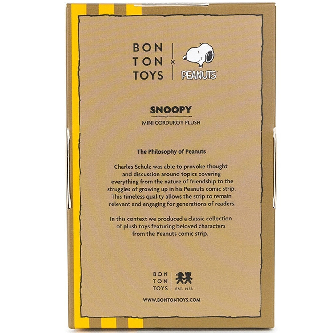 Achterkant van de Bon Ton Toys Snoopy pluchen knuffelhond verpakking met productinformatie en logo's.
