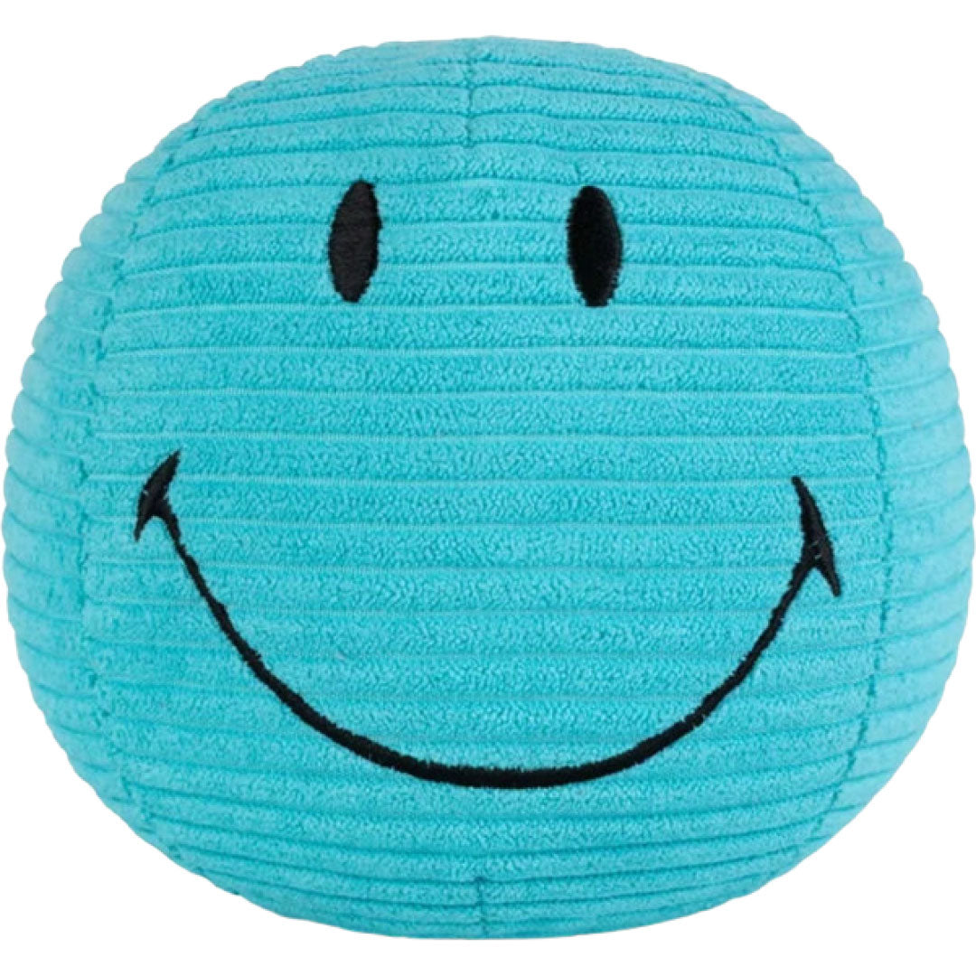 Bon ton toys blauwgroene corduroy knuffelbal met smiley gezicht.