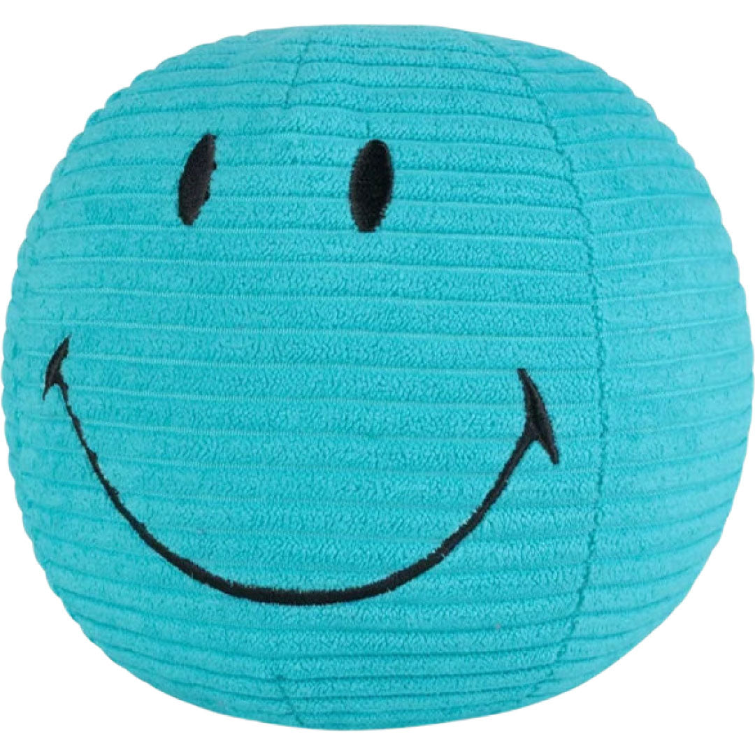 Bon ton toys blauwgroene corduroy knuffelbal met smiley gezicht.