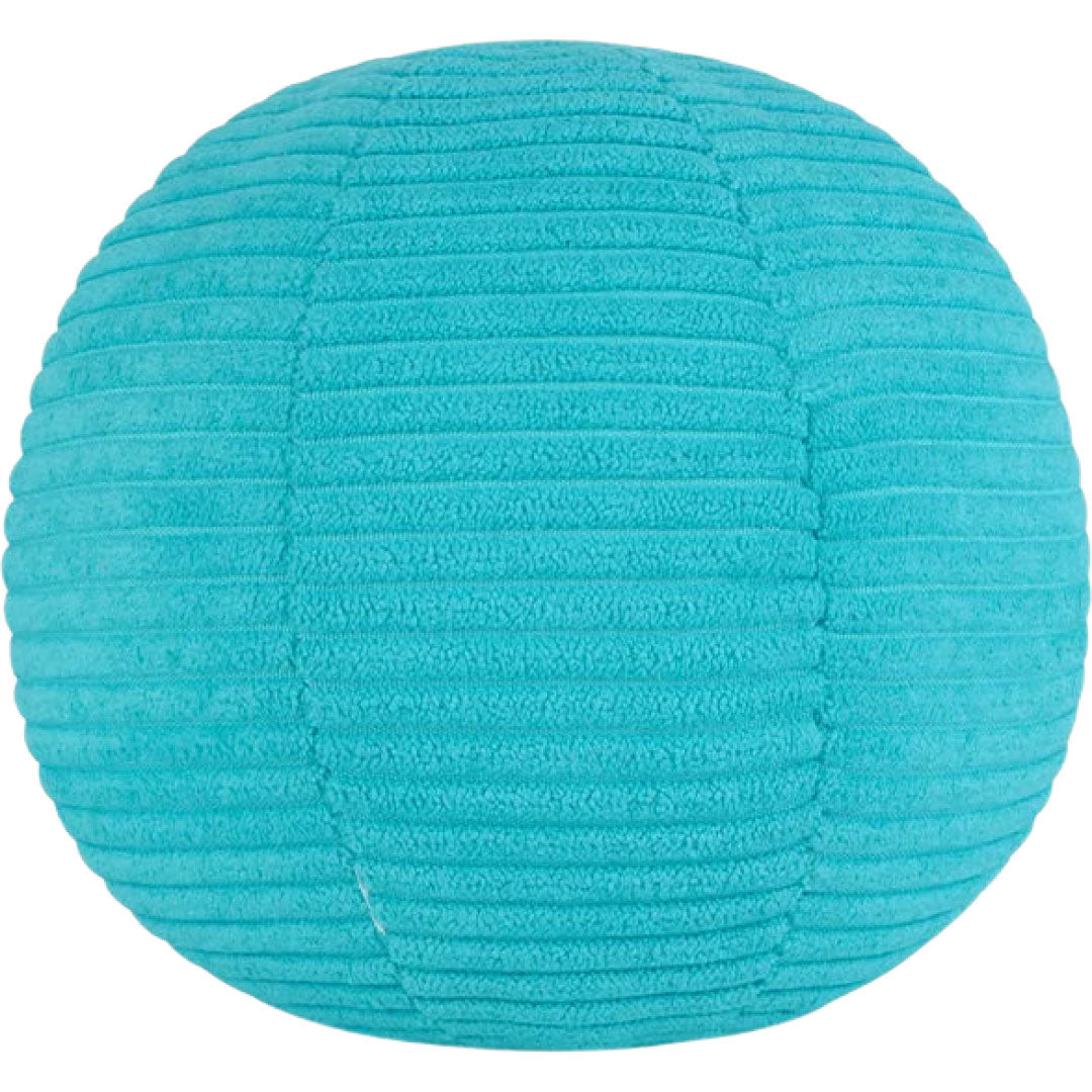 Bon ton toys blauwgroene corduroy knuffelbal met ribbeltextuur, achterkant.
