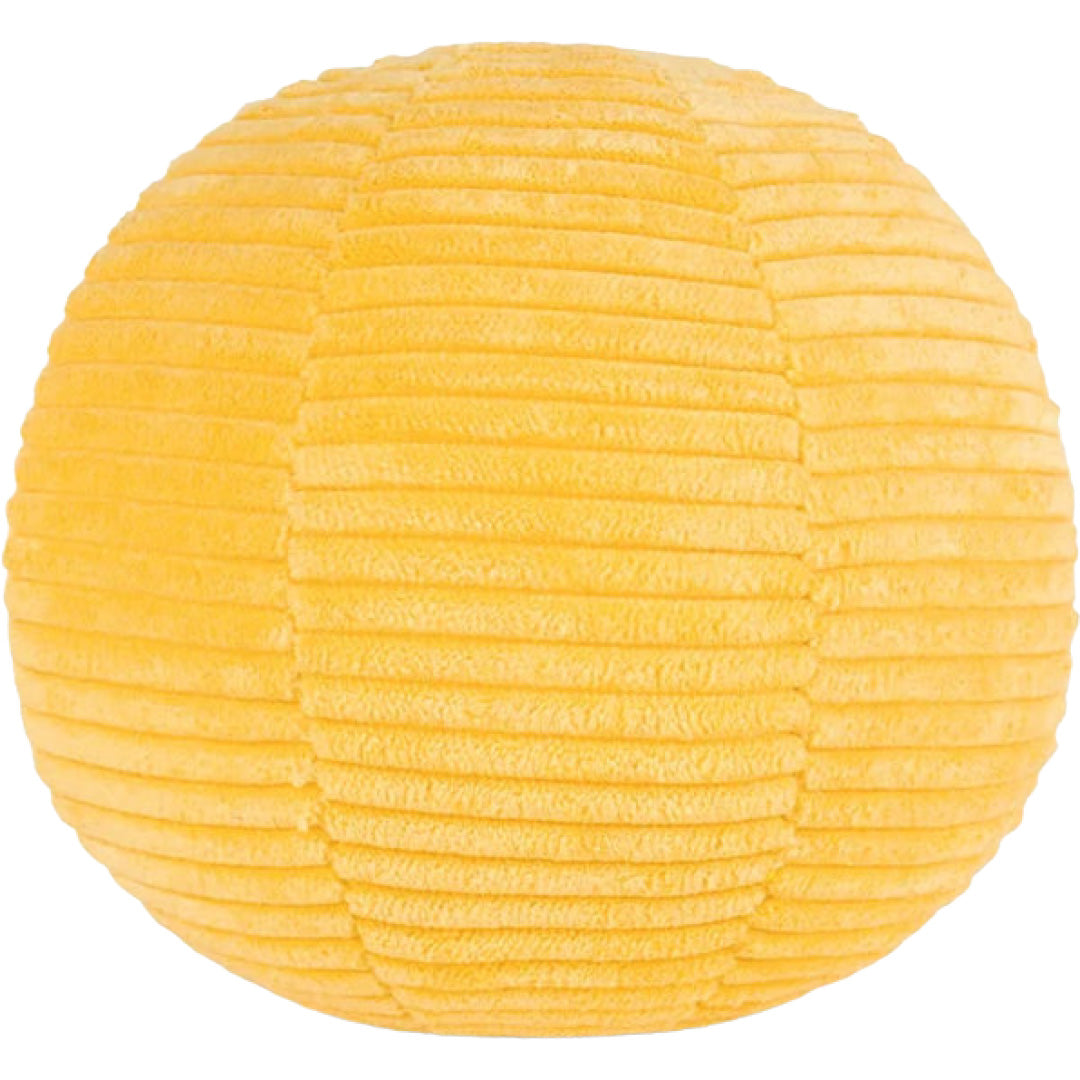 Bon ton toys gele corduroy knuffelbal zonder gezicht, gezien vanaf de achterkant op een witte achtergrond.