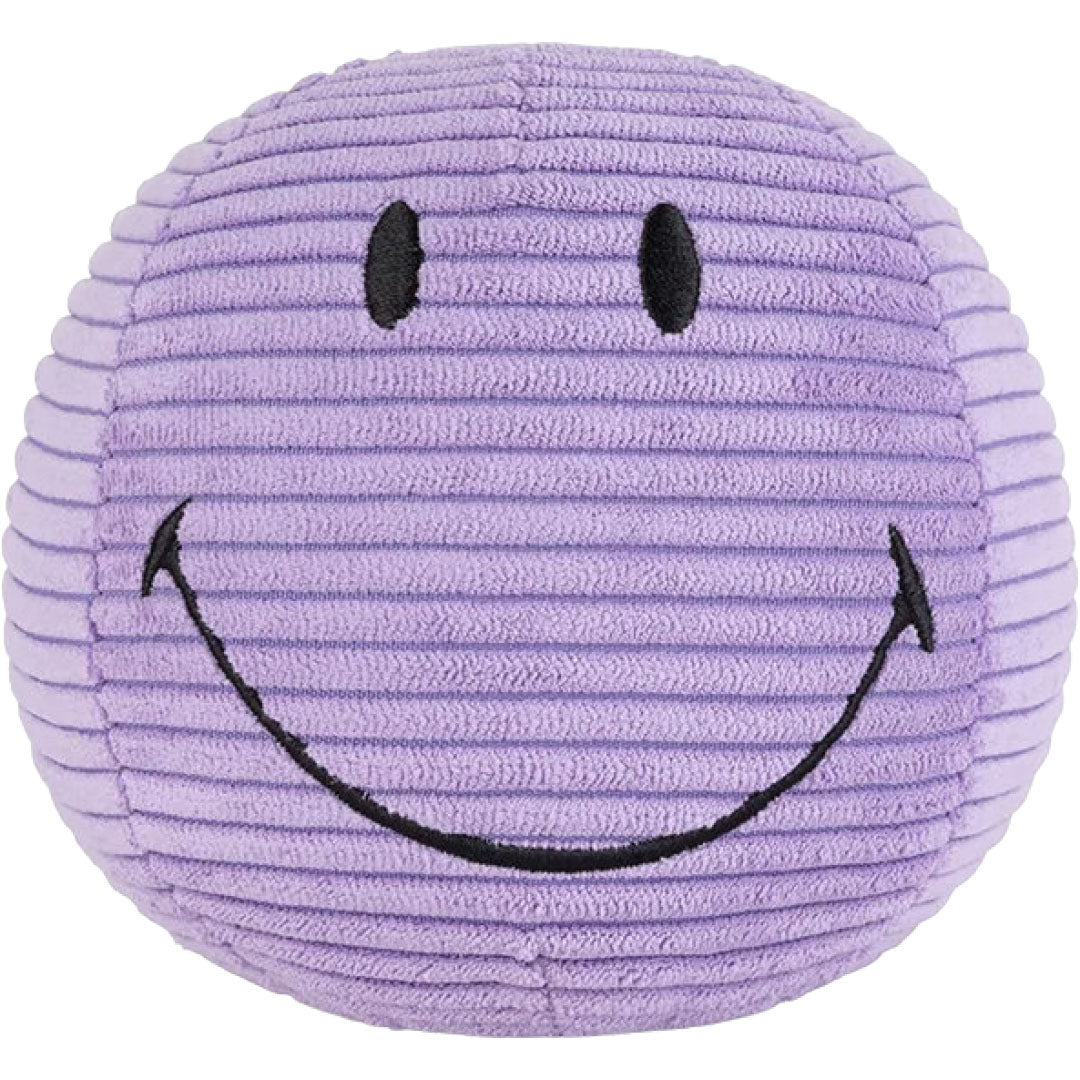 Bon ton toys paarse corduroy knuffelbal met smileygezicht.