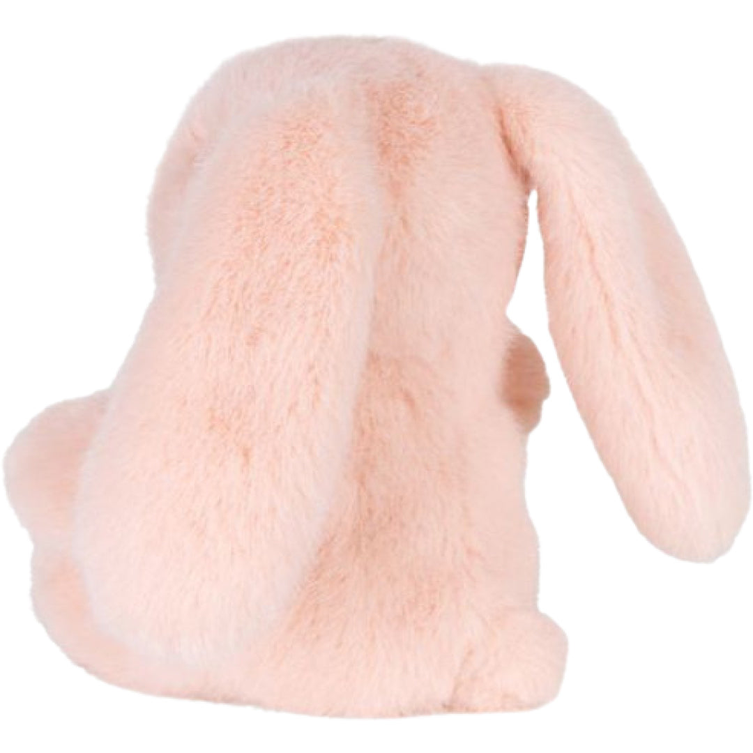 De achterkant van een Bon Ton Toys roze pluchen knuffelkonijn met lange oren.