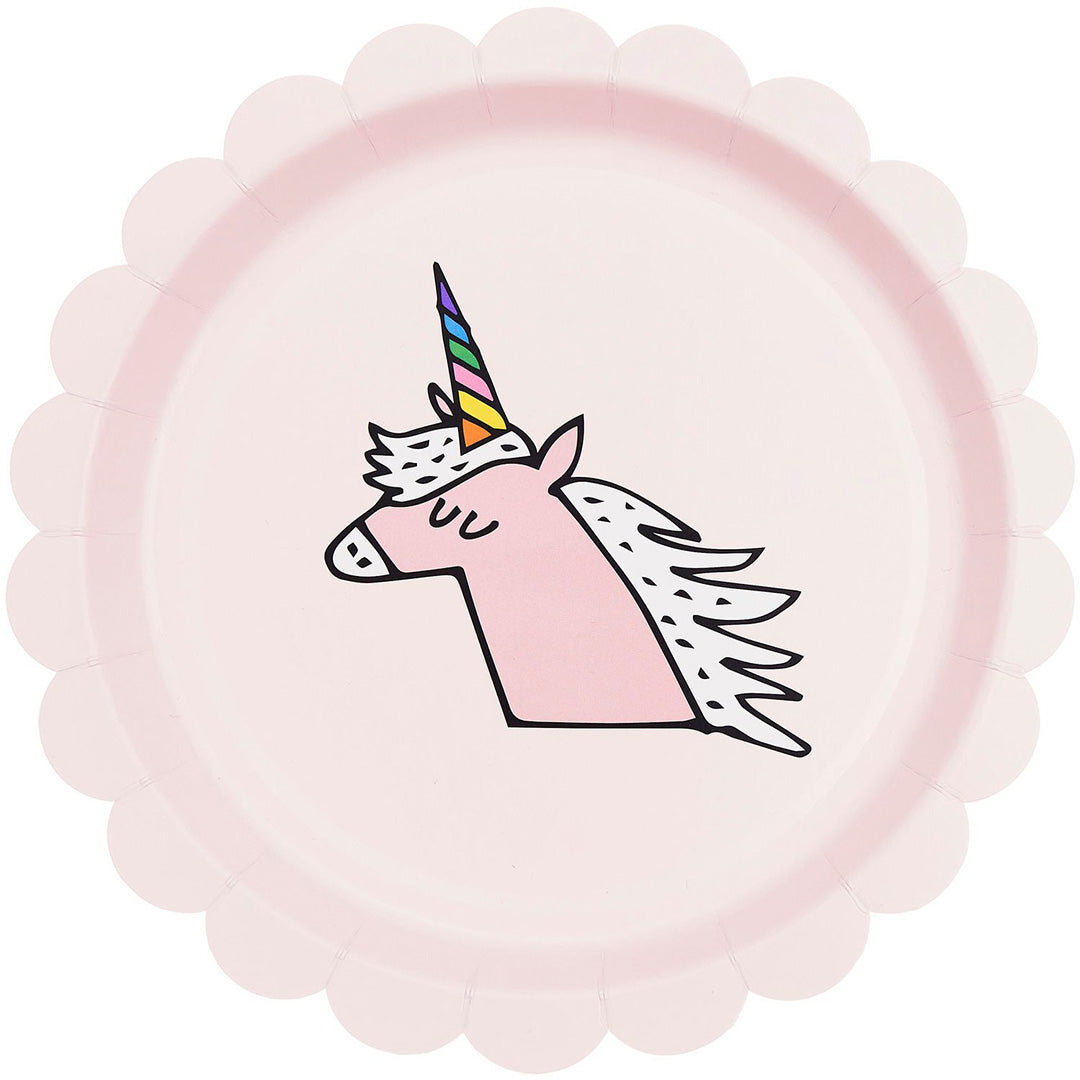 Rico Design roze papieren feestbordje met eenhoornhoofd en regenbooghoorn.