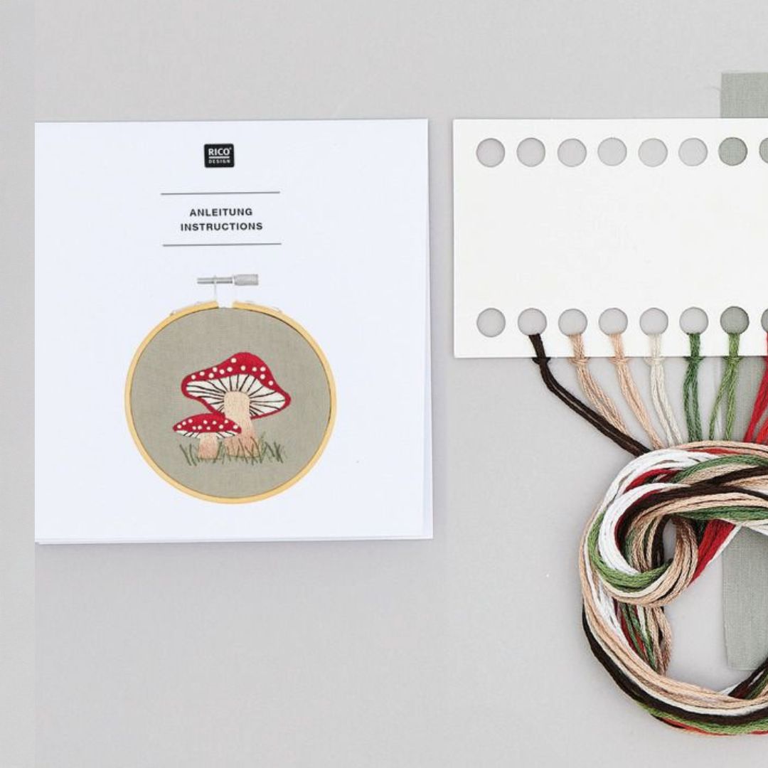 Rico Design borduurpakket met instructieboekje en verschillende kleuren borduurgaren.