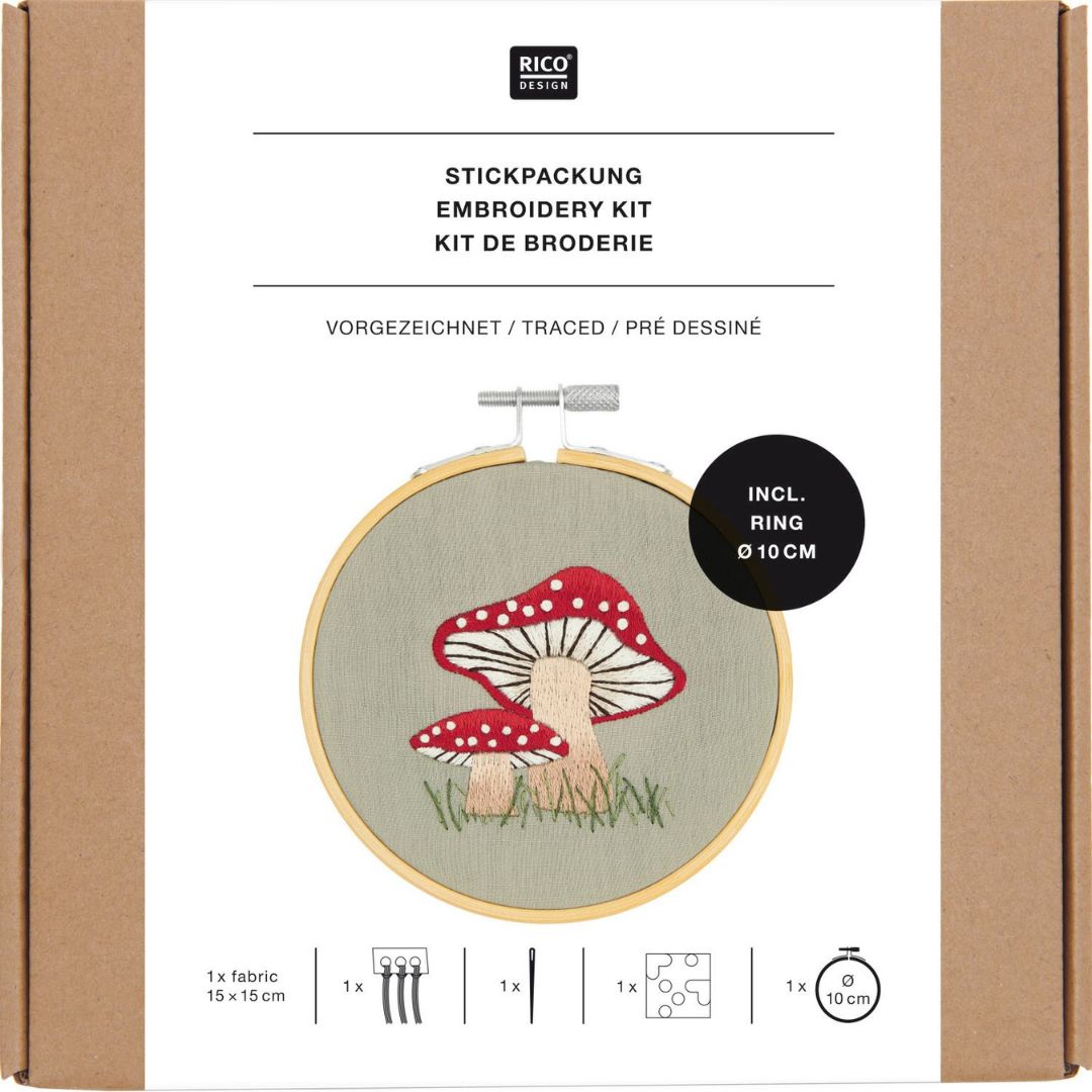 Rico Design verpakking van een borduurpakket met een afbeelding van een geborduurde paddenstoel.