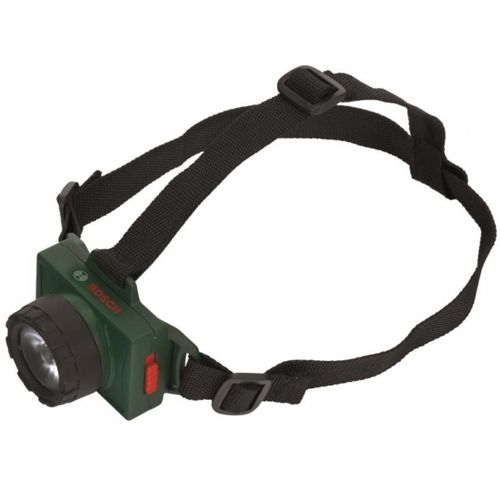 Bosch groene plastic speelgoed hoofdlamp met zwarte verstelbare band.