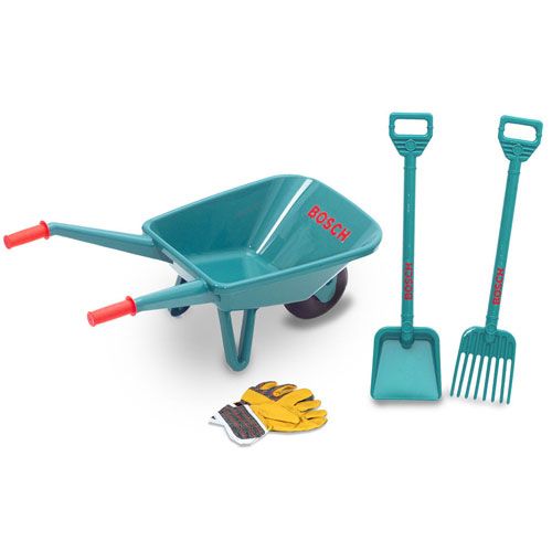 Bosch tuinieren speelgoedset met groene kruiwagen, schop, hark en tuinhandschoenen.